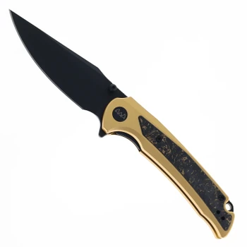 WIXCO Scort Folding Knife Gold Aluminum/Shredded Carbon Fiber Handle 14C28N Clip Point Plain Edge Black PVD Finish WX14-BNV