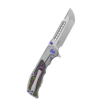 KB Predator Folding Knife Sandblasted Titanium/80's Camo Carbon Fiber Handle M390 Plain Edge Belt Satin Finish KB436A