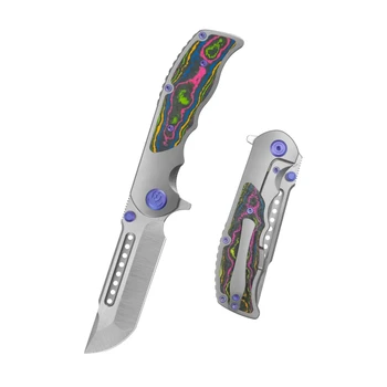 KB Predator Folding Knife Sandblasted Titanium/80's Camo Carbon Fiber Handle M390 Plain Edge Belt Satin Finish KB436A
