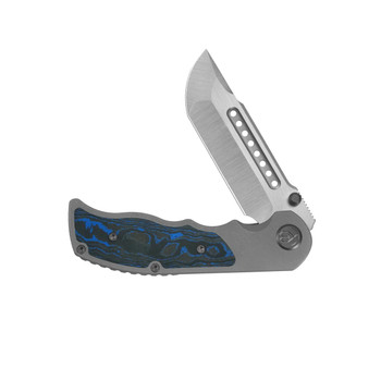 KB Predator Folding Knife Darkwash Titanium/Electric Blue Camo Carbon Handle M390 Tanto Plain Edge Belt Satin Finish KB436B