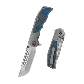 KB Predator Folding Knife Darkwash Titanium/Electric Blue Camo Carbon Handle M390 Tanto Plain Edge Belt Satin Finish KB436B