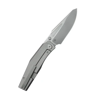 KB Illusion Folding Knife Grey Titanium Handle M390 Tanto Plain Edge Silver Bead Blast Finish KB443A