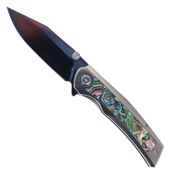 (Scratches) Open Box/Returned SixLeaf Folding Knife Silver Titanium/Mother of Pearl Handle Damascus Plain Edge Dragon Scale Blade Finish SL-106-7-Dragon