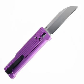 Reate Exo Performance Gravity Knife Purple Stripe pattern Double Blade Nitro-V Stonewashed Plain Edge Satin Serrated