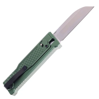 Reate Exo Performance Gravity Knife Green Diamond Pattern Double Blade Nitro-V Stonewashed Plain Edge Satin Serrated