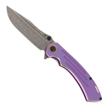 Kansept Pretatout Folding Knife Purple Titanium Handle Damascus Plain Edge K1032D5