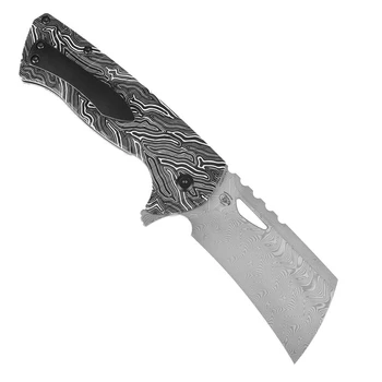Tenable Leviathan Folding Knife Black/White G-Mascus Handle Water Ripple Damascus Hawkbill Cleaver Plain Edge B1083A2