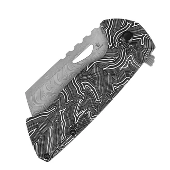 Tenable Leviathan Folding Knife Black/White G-Mascus Handle Water Ripple Damascus Hawkbill Cleaver Plain Edge B1083A2