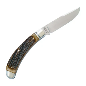 RoseCraft Obed Creek Bow Trapper Folding Knife Dapper Jigged Bone Handle 14C28N Drop Point Plain Edge Brushed Satin Finish RCT015-DJB