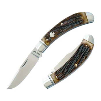 RoseCraft Obed Creek Bow Trapper Folding Knife Dapper Jigged Bone Handle 14C28N Drop Point Plain Edge Brushed Satin Finish RCT015-DJB
