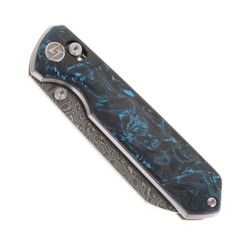 Olitans Imperial Penguin M060 Folding Knife Blue Carbon Fiber 3.35" Matte 110-Layer Damascus Sheepsfoot