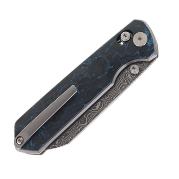 Olitans Imperial Penguin M060 Folding Knife Blue Carbon Fiber 3.35" Matte 110-Layer Damascus Sheepsfoot