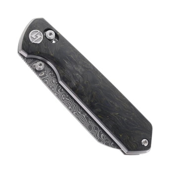 Olitans Knives Imperial Penguin M060 Folding Knife Gold Carbon Fiber Handle 110-Layer Damascus Sheepsfoot Plain Edge Matte Finish