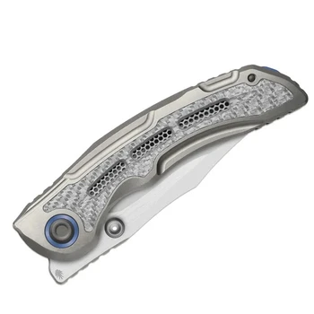 Kizer Silver Wing-Lite Folding Knife Silver Titanium/Carbon Fiber Handle S45VN Modified Bowie Plain Edge Stonewash Finish ZX-FK09A2
