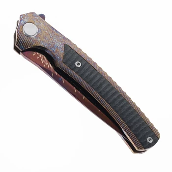 TwoSun Folding Knife Color Titanium/Carbon Fiber Handle Feather Damascus Drop Point Plain Edge TS81-Feather-Damascus