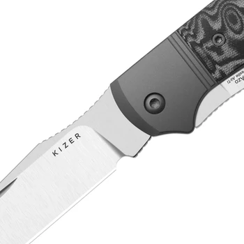Kizer Trestle TP AirTi Folding Knife Gray/Black Aluminum/Vortex Pattern Micarta Handle BD1N Clip Point/Spey Point Plain Edge Satin Finish K3761TPA2