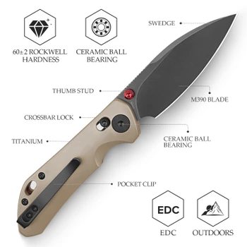 Trivisa Otter Ultra-B Folding Knife Tan Titanium Handle M390 Drop Point Plain Edge Black Stonewash Finish