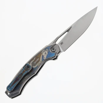 Rike Hummer/E Folding Knife Laser-Etched Titanium Handle M390 Plain Edge Bead Blast Blade