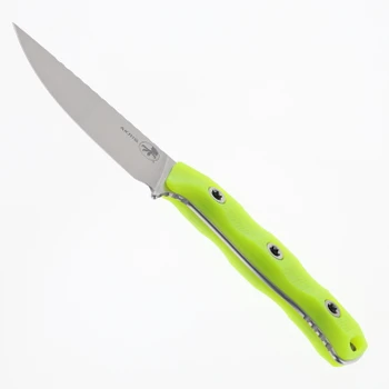 Microtech Akris Fixed Blade Stonewash M390MK Blade High Visibility Yellow G10 Handle with Dark Chocolate Leather Sheath 95-10HV-1
