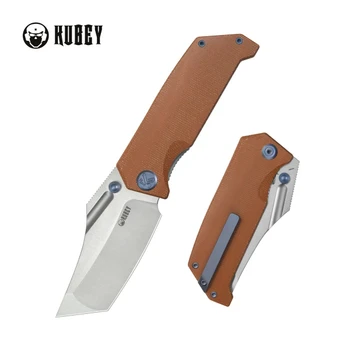Kubey Hamster Folding Knife Tan Micarta Handle 14C28N Tanto Point Plain Edge Satin Blade KU402F
