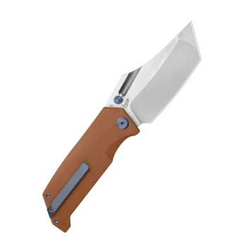 Kubey Hamster Folding Knife Tan Micarta Handle 14C28N Tanto Point Plain Edge Satin Blade KU402F