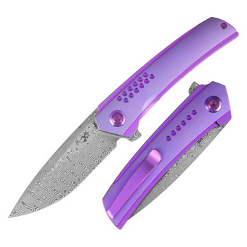 Kansept Tracer Folding Knife Purple Anodized Titanium Handle 3.5" Rose Pattern Damascus Drop Point Plain Edge K1115A3