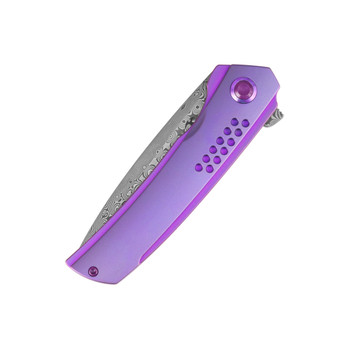 Kansept Tracer Folding Knife Purple Anodized Titanium Handle 3.5" Rose Pattern Damascus Drop Point Plain Edge K1115A3