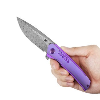 Kansept Tracer Folding Knife Purple Anodized Titanium Handle 3.5" Rose Pattern Damascus Drop Point Plain Edge K1115A3