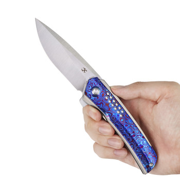 Kansept Tracer Folding Knife Titanium/Timascus Handle 3.5" Brushed Satin S35VN Drop Point Plain Edge K1115A4
