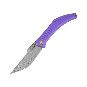 Kansept Navaja Folding Knife Purple Anodized Titanium Handle 3.6" Damascus Modified Clip Point Plain Edge K1149A2