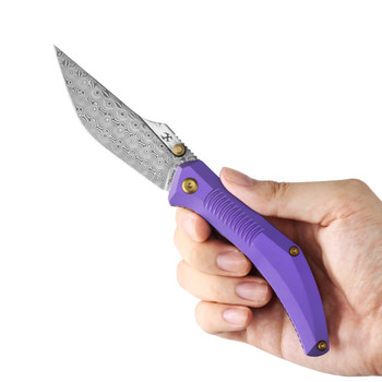 Kansept Navaja Folding Knife Purple Anodized Titanium Handle 3.6" Damascus Modified Clip Point Plain Edge K1149A2