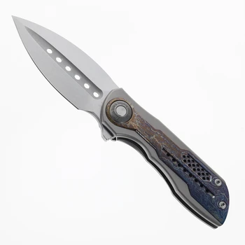TwoSun Folding Knife Blue/Color Titanium Handle 14C28N Plain Edge TS440-Blue