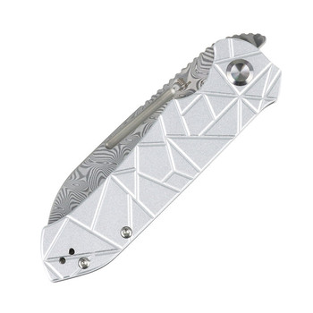 Tenable Rango Folding Knife Silver Aluminum Handle Damascus Sheepsfoot Plain Edge Water Ripple Damascus B1120A4
