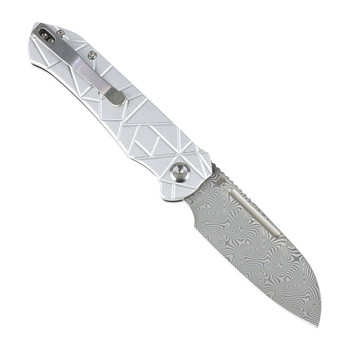 Tenable Rango Folding Knife Silver Aluminum Handle Damascus Sheepsfoot Plain Edge Water Ripple Damascus B1120A4