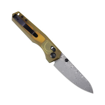 Tenable Beaver Folding Knife Amber PEI/Ultem Handle 3.44" Water Ripple Damascus Drop Point Plain Edge T1105V6
