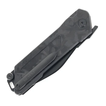 Ketuo Daedalus Folding Knife Black Shred Carbon Fiber Handle 154CM Modified Wharncliffe Plain Edge Black TiC Finish