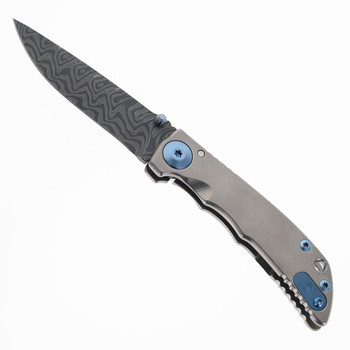 Spartan Blades Harsey 3.25 Folding Knife Gray Titanium Handle Blue Anodized Hardware Chad Nichols Damascus Drop Point Plain Edge SF10DMBL