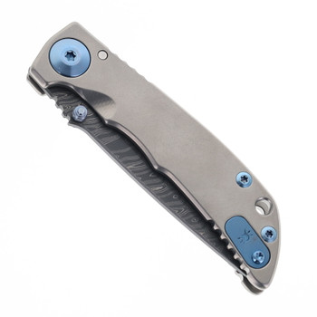Spartan Blades Harsey 3.25 Folding Knife Gray Titanium Handle Blue Anodized Hardware Chad Nichols Damascus Drop Point Plain Edge SF10DMBL