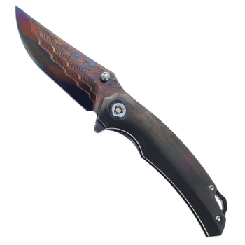 SixLeaf Folding Knife Color Zirconium Handle Forged Damascus Plain Edge SL-114-Zirconium