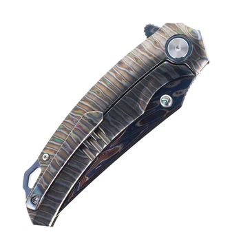 SixLeaf Folding Knife Fire Gray Titanium Handle Forged Damascus Plain Edge SL-114-FIRE