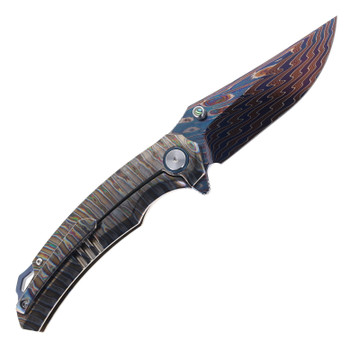 SixLeaf Folding Knife Fire Gray Titanium Handle Forged Damascus Plain Edge SL-114-FIRE