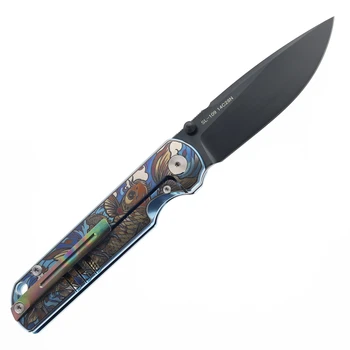 SixLeaf Folding Knife Color Crane Pattern Titanium Handle 3.2" 14C28N Plain Edge DLC Finish SL-109-DLC-Crane-Pattern
