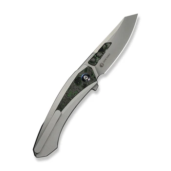 WE Knife Suisei Folding Knife Gray Titanium/Jungle Wear FatCarbon Fiber Handle M390 Plain Edge Stonewash Blade WE25086-2