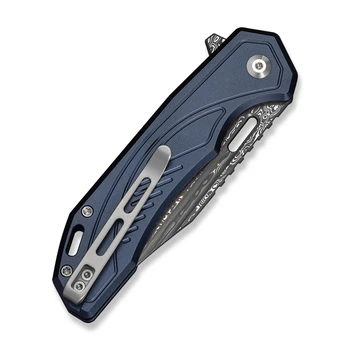 Civivi Zelthara Folding Knife Dark Blue Aluminum Handle Damascus Clip Point Plain Edge C25076-DS1
