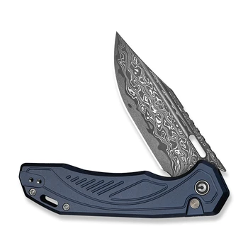 Civivi Zelthara Folding Knife Dark Blue Aluminum Handle Damascus Clip Point Plain Edge C25076-DS1