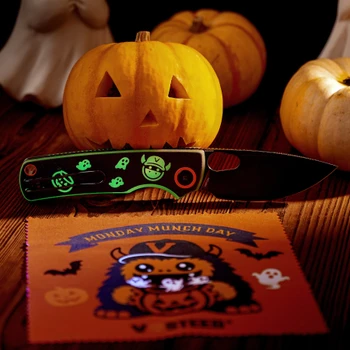 Vosteed Porcupine Munch Munch Halloween Edition Folding Knife Black & Glow-in-the-Dark Green G-10 Handle 2.99" Black Stonewash 14C28N Drop Point A2630