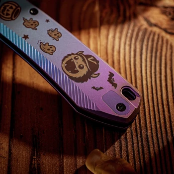Vosteed Raccoon TiSlim Munch Munch Halloween Edition Folding Knife Blue-to-Purple Anodized Titanium Handle 3.18" Black Stonewash 154CM Drop Point A4516