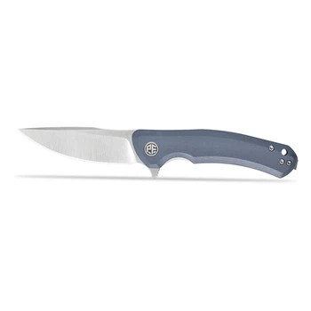 Petrified Fish Warrior V2 Folding Knife Gray Blue G10 Handle N690 Drop Point Plain Edge Satin Finish PFP17GBS