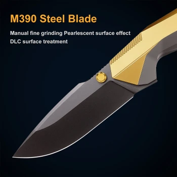 Remette Disassembly Folding Knife Gray/Gold Titanium Handle 3.46" Black DLC M390 Drop Point RT-WK1-C