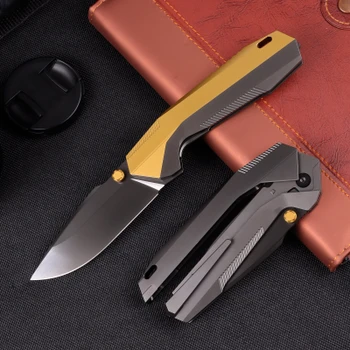 Remette Disassembly Folding Knife Gray/Gold Titanium Handle 3.46" Black DLC M390 Drop Point RT-WK1-C
